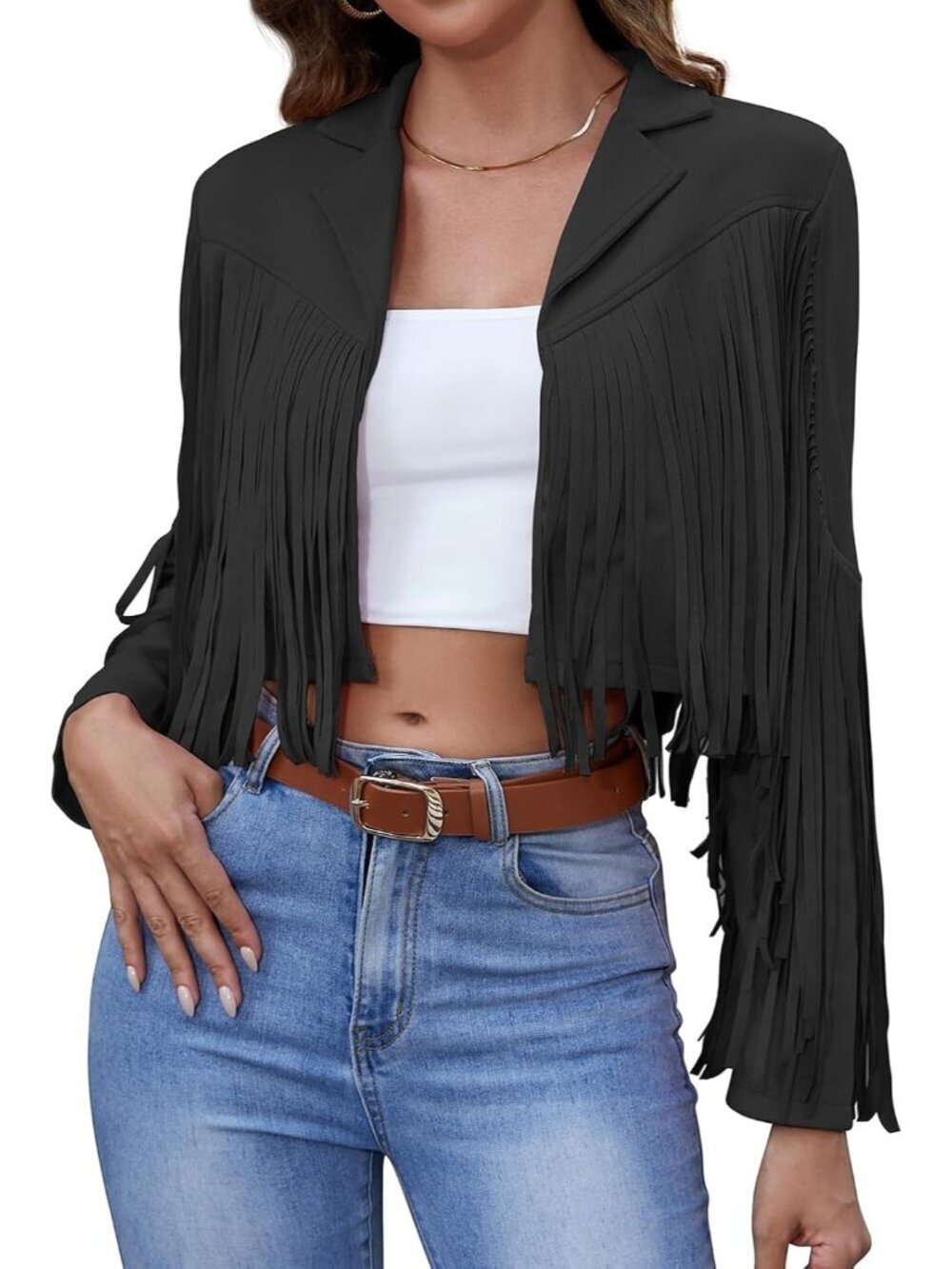 Women's Black Casual Fringe Tops Tassel Faux Suede Cropped Motorcycle Jacket